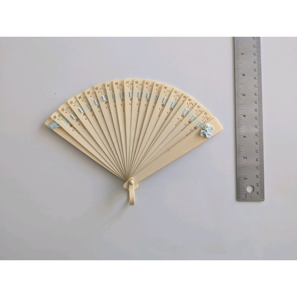 VTG Ivory Celluloid Plastic Fan with Blue Ribbon Accent Vintage 1920s or 30s